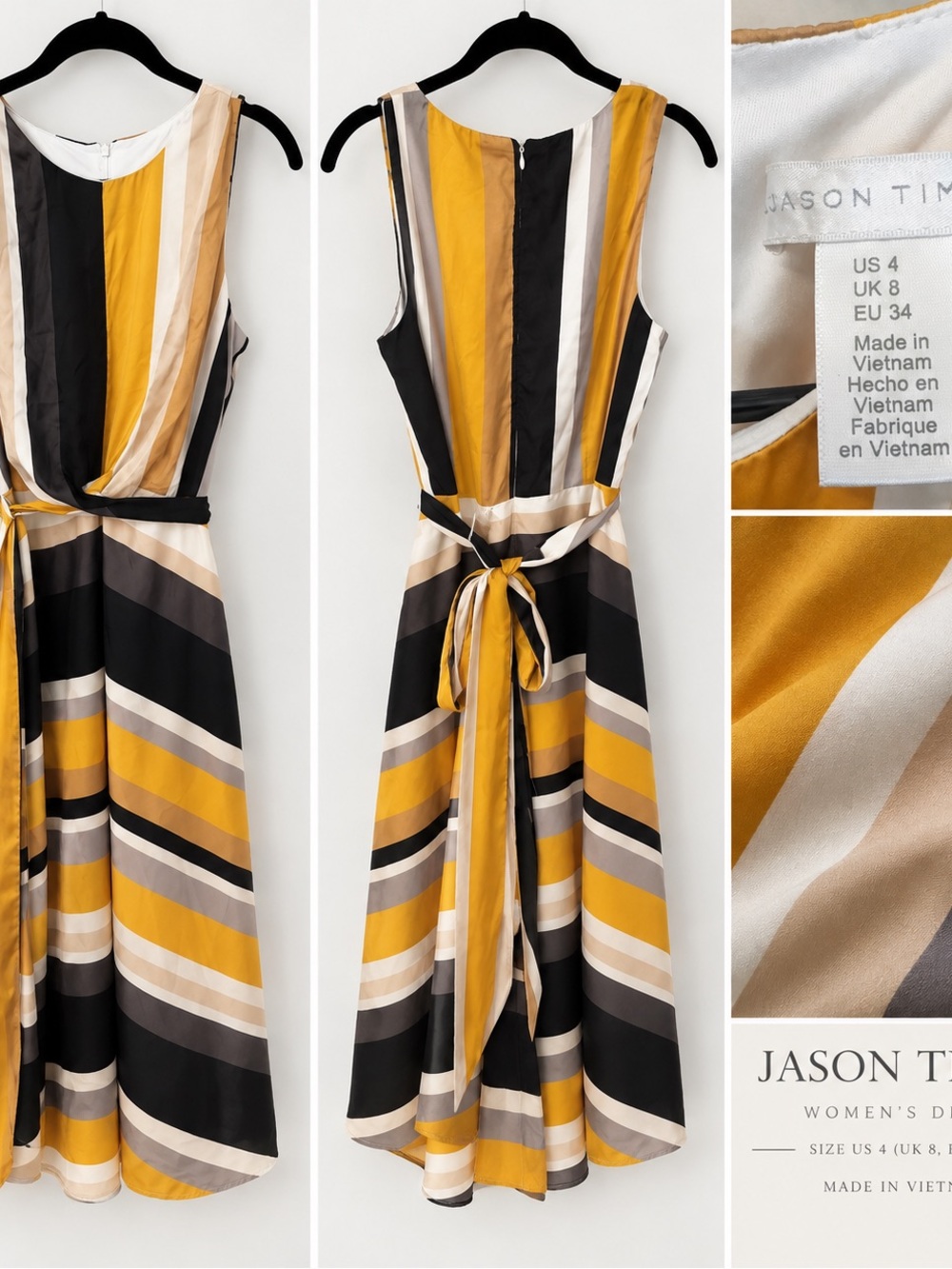Jason Times Striped Tie Waist Midi Dress Mustard Black Size 4